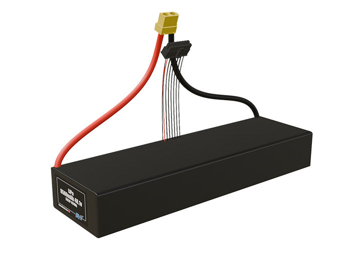 Angled product render of the 9500mAh 28-cell LiPo pack. A lightweight energy source for UAV, drone, and robotic builds.