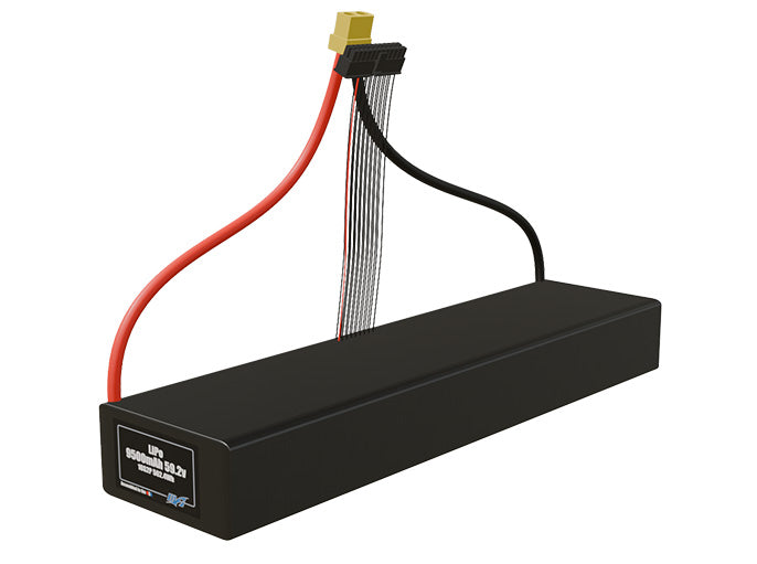 Angled product render of the 9500mAh 32-cell LiPo pack. A lightweight energy source for UAV, drone, and robotic builds.