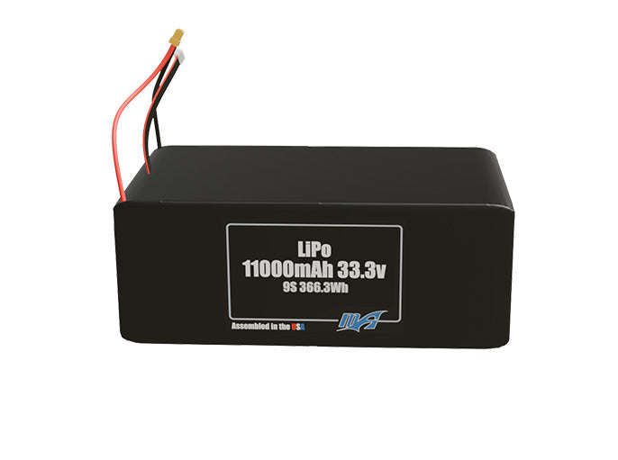 Front-facing render of the 33.3V 11000mAh 9S LiPo battery, assembled in the USA by maxamps, for drone and robotics applications.