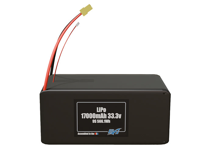 Front-facing render of the 33.3V 17000mAh 9S LiPo battery, assembled in the USA by maxamps, for drone and robotics applications.