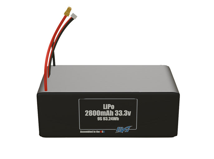 Front-facing render of the 33.3V 2800mAh 9S LiPo battery, assembled in the USA by maxamps, for drone and robotics applications.