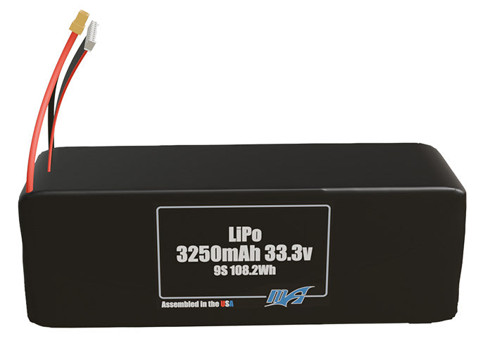 Front-facing render of the 33.3V 3250mAh 9S LiPo battery, assembled in the USA by maxamps, for drone and robotics applications.
