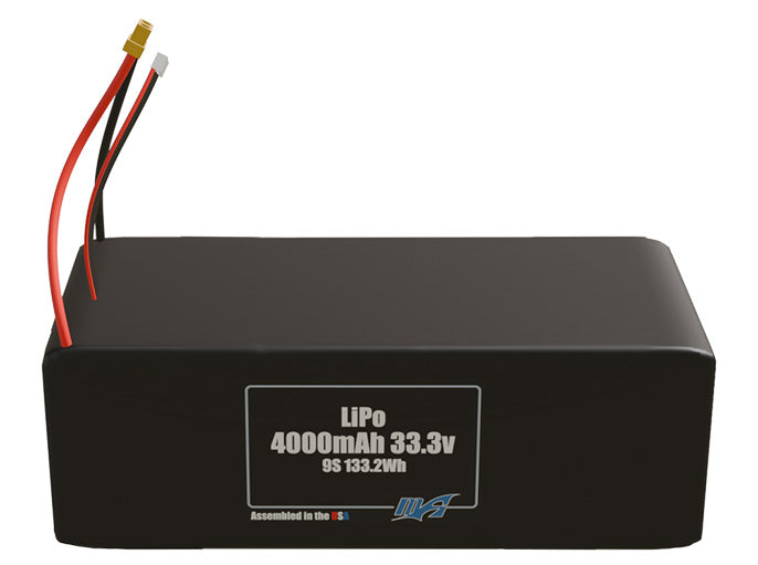 Front-facing render of the 33.3V 4000mAh 9S LiPo battery, assembled in the USA by maxamps, for drone and robotics applications.