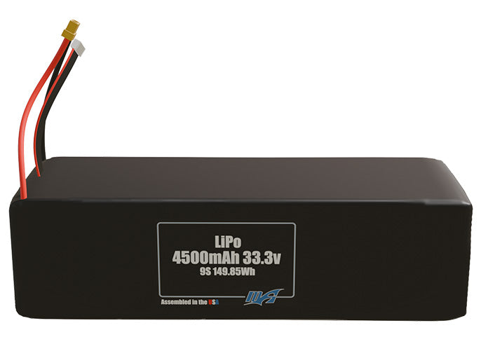 Front-facing render of the 33.3V 4500mAh 9S LiPo battery, assembled in the USA by maxamps, for drone and robotics applications.