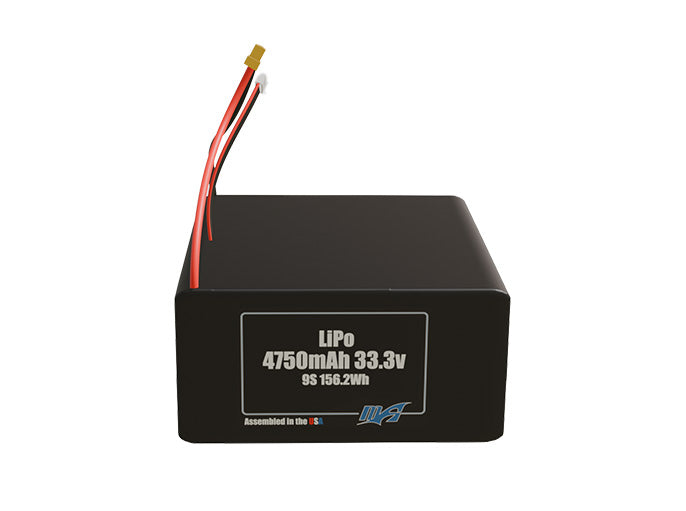 Front-facing render of the 33.3V 4750mAh 9S LiPo battery, assembled in the USA by maxamps, for drone and robotics applications.