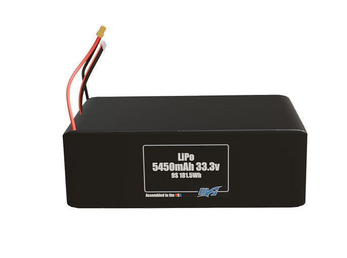 Front-facing render of the 33.3V 5450mAh 9S LiPo battery, assembled in the USA by maxamps, for drone and robotics applications.