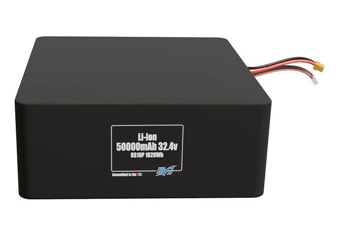 Front-facing render of the 32.4V 50000mAh 9S10P Lithium-Ion battery, assembled in the USA by maxamps, for drone and robotics applications.