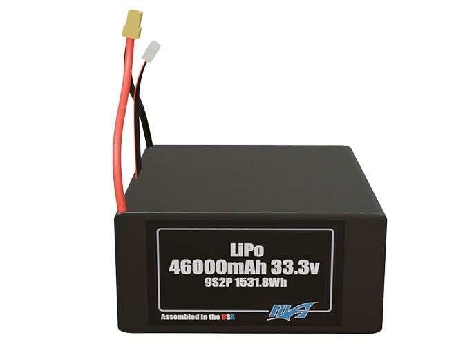 Front-facing render of the 33.3V 46000mAh 9S2P LiPo battery, assembled in the USA by maxamps, for drone and robotics applications.