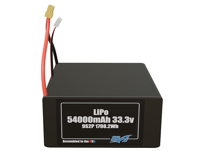 Front-facing render of the 33.3V 54000mAh 9S2P LiPo battery, assembled in the USA by maxamps, for drone and robotics applications.