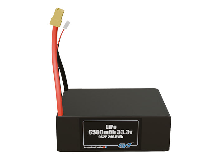 Front-facing render of the 33.3V 6500mAh 9S2P LiPo battery, assembled in the USA by maxamps, for drone and robotics applications.