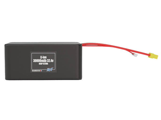 Front-facing render of the 32.4V 30000mAh 9S6P Lithium-Ion battery, assembled in the USA by maxamps, for drone and robotics applications.