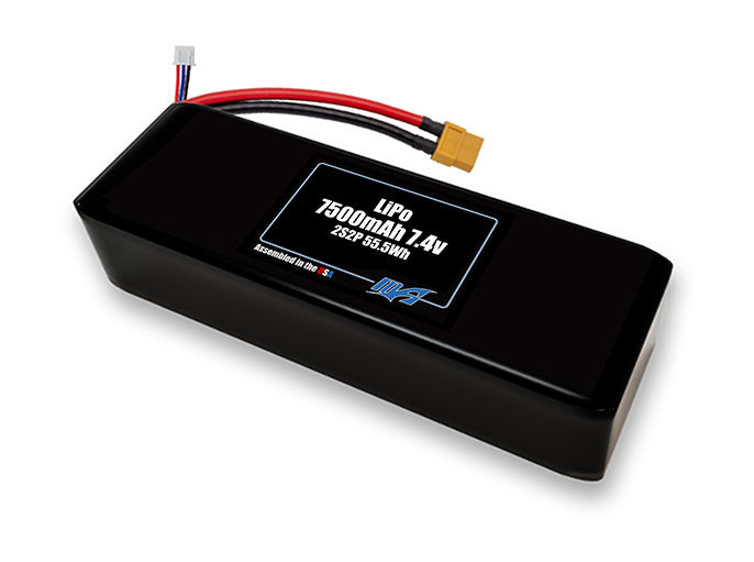 A MaxAmps Graphene LiPo 7500mAh 2S 2P 7.4 volt battery pack