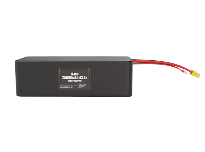 Front-facing render of the 43.2V 25000mAh 12S5P Lithium-Ion battery, assembled in the USA by maxamps, for drone and robotics applications.