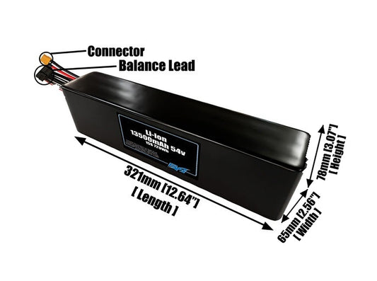 Size reference photo of the 13500mAh 54V Li-ion pack showing 321 mm by 65 mm by 78 mm dimensions ideal for drones or small robotic systems where space matters.