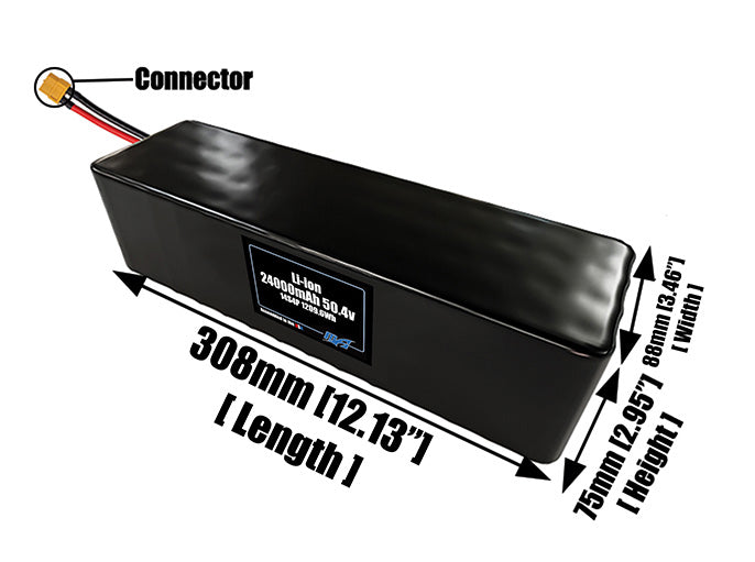 Size reference photo of the 24000mAh 50.4V lithium ion pack showing 308 mm by 88 mm by 75 mm dimensions ideal for drones or large robotic systems where space matters.