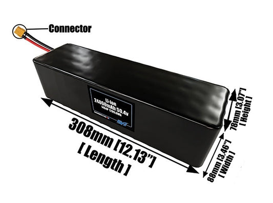 Size reference photo of the 24000mAh 50.4V lithium ion pack showing 308 mm by 88 mm by 78 mm dimensions ideal for drones or large robotic systems where space matters.