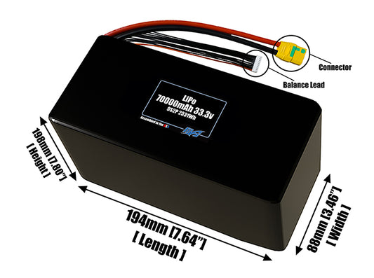 Size reference photo of the 70000mAh 33.3V LiPo pack showing 194 mm by 88 mm by 198 mm dimensions ideal for drones or large robotic systems where space matters.