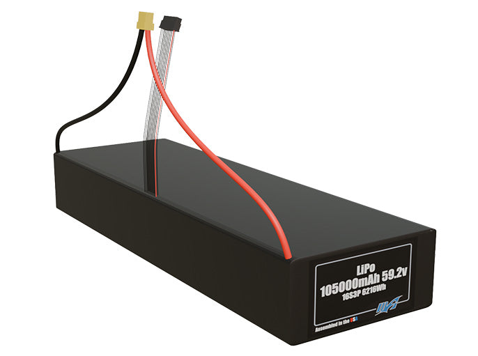Rendered view of a slim 105000mAh LiPo pack, used in large UAV and defense-grade robotics projects.