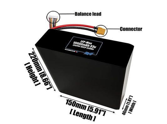 Size reference photo of the 10000mAh 33V LFP-Max LiFePO4 pack showing 150 mm by 46 mm by 220 mm dimensions ideal for drones or large robotic systems where space matters.