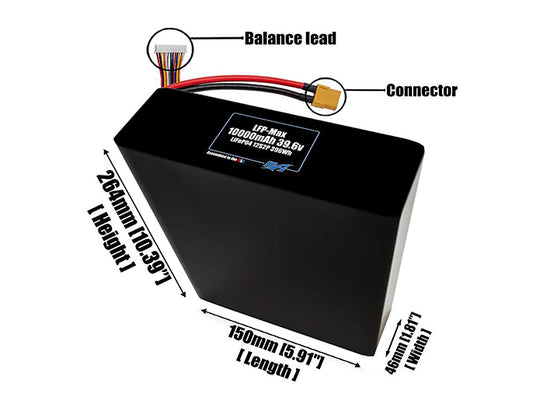 Size reference photo of the 10000mAh 39.6V LFP-Max LiFePO4 pack showing 150 mm by 46 mm by 264 mm dimensions ideal for drones or large robotic systems where space matters.