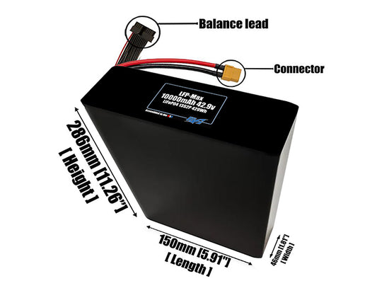Size reference photo of the 10000mAh 42.9V LFP-Max LiFePO4 pack showing 150 mm by 46 mm by 286 mm dimensions ideal for drones or large robotic systems where space matters.