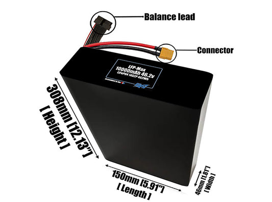 Size reference photo of the 10000mAh 46.2V LFP-Max LiFePO4 pack showing 150 mm by 46 mm by 308 mm dimensions ideal for drones or large robotic systems where space matters.