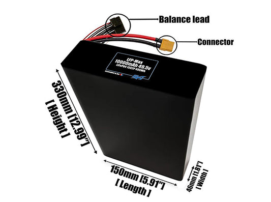 Size reference photo of the 10000mAh 49.5V LFP-Max LiFePO4 pack showing 150 mm by 46 mm by 330 mm dimensions ideal for drones or large robotic systems where space matters.