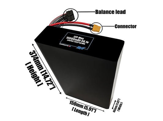 Size reference photo of the 10000mAh 56.1V LFP-Max LiFePO4 pack showing 150 mm by 46 mm by 374 mm dimensions ideal for drones or large robotic systems where space matters.
