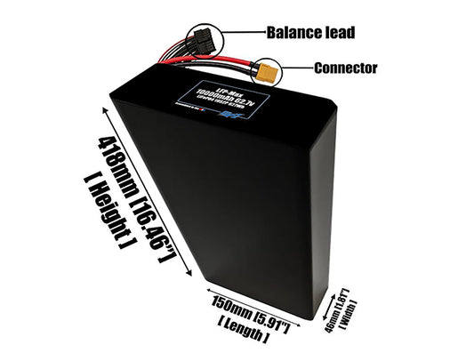 Size reference photo of the 10000mAh 62.7V LFP-Max LiFePO4 pack showing 150 mm by 46 mm by 418 mm dimensions ideal for drones or large robotic systems where space matters.