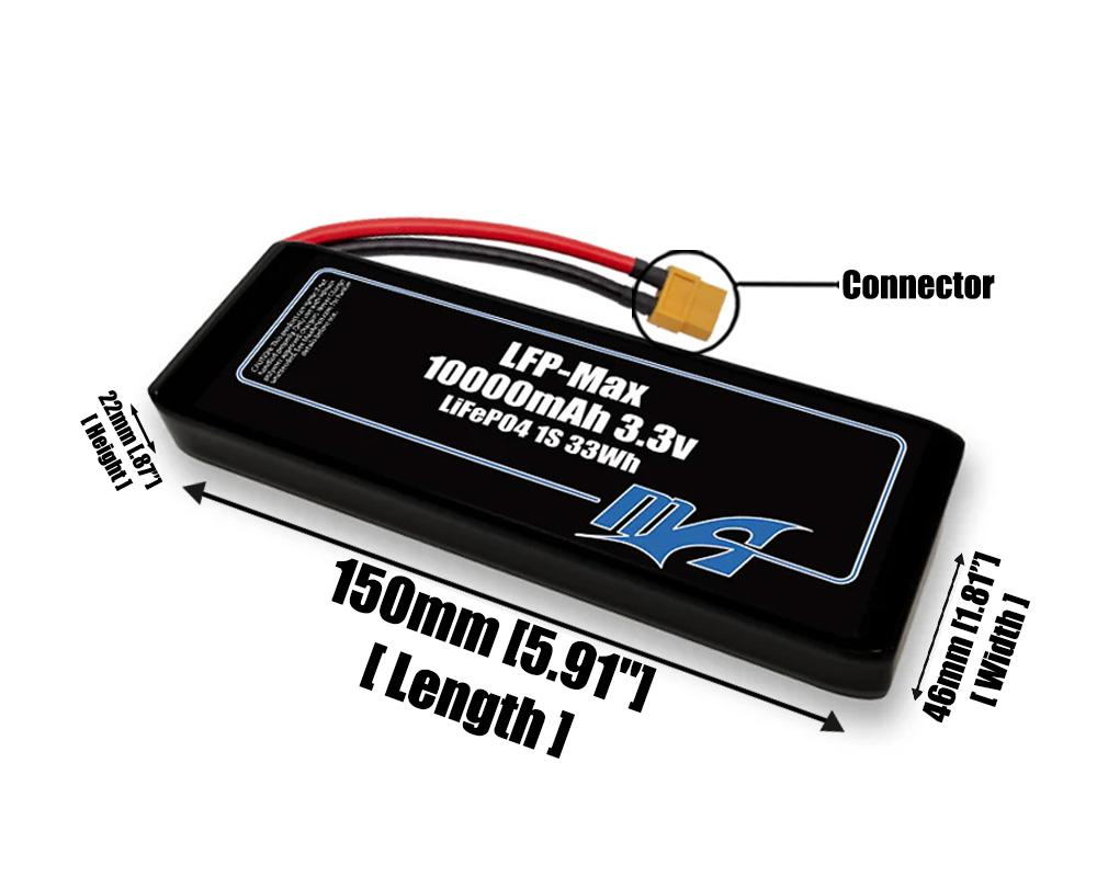 Size reference photo of the 10000mAh 3.3V LFP-Max LiFePO4 pack showing 150 mm by 46 mm by 22 mm dimensions ideal for drones or large robotic systems where space matters.