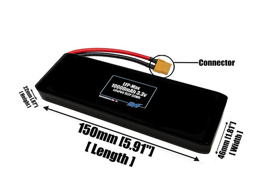 Size reference photo of the 10000mAh 3.3V LFP-Max LiFePO4 pack showing 150 mm by 46 mm by 22 mm dimensions ideal for drones or large robotic systems where space matters.