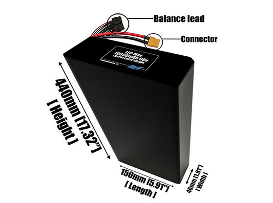 Size reference photo of the 10000mAh 66V LFP-Max LiFePO4 pack showing 150 mm by 46 mm by 440 mm dimensions ideal for drones or large robotic systems where space matters.