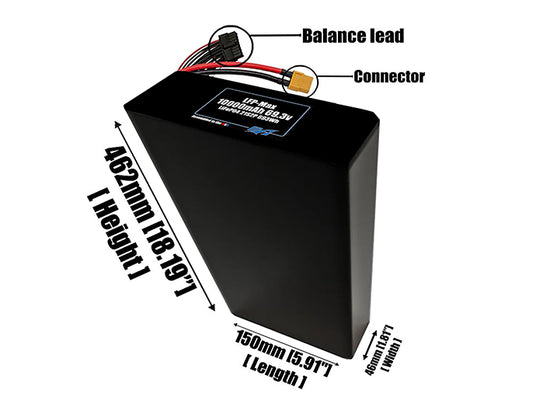 Size reference photo of the 10000mAh 69.3V LFP-Max LiFePO4 pack showing 150 mm by 46 mm by 462 mm dimensions ideal for drones or large robotic systems where space matters.