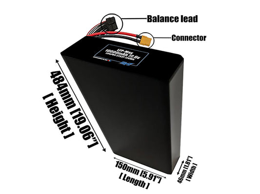 Size reference photo of the 10000mAh 72.6V LFP-Max LiFePO4 pack showing 150 mm by 46 mm by 484 mm dimensions ideal for drones or large robotic systems where space matters.