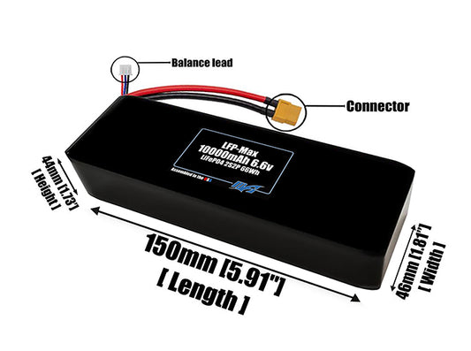 Size reference photo of the 10000mAh 6.6V LFP-Max LiFePO4 pack showing 150 mm by 46 mm by 44 mm dimensions ideal for drones or large robotic systems where space matters.