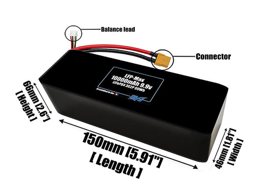 Size reference photo of the 10000mAh 9.9V LFP-Max LiFePO4 pack showing 150 mm by 46 mm by 66 mm dimensions ideal for drones or large robotic systems where space matters.