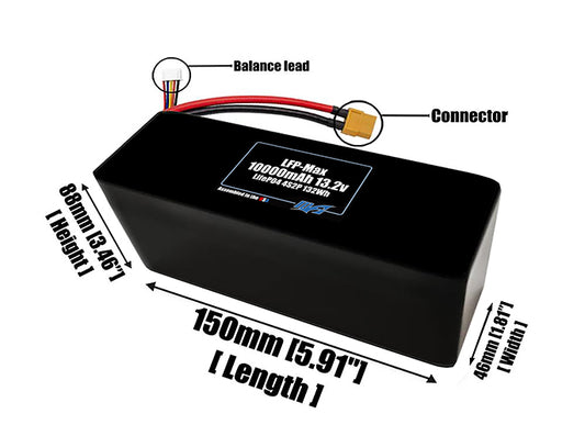 Size reference photo of the 10000mAh 13.2V LFP-Max LiFePO4 pack showing 150 mm by 46 mm by 88 mm dimensions ideal for drones or large robotic systems where space matters.