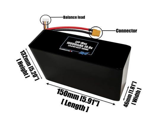Size reference photo of the 10000mAh 19.8V LFP-Max LiFePO4 pack showing 150 mm by 46 mm by 132 mm dimensions ideal for drones or large robotic systems where space matters.