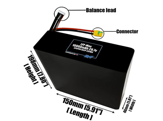 Size reference photo of the 10000mAh 29.7V LFP-Max LiFePO4 pack showing 150 mm by 46 mm by 198 mm dimensions ideal for drones or large robotic systems where space matters.