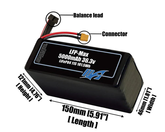 Size reference photo of the 5000mAh 36.3V LFP-Max LiFePO4 pack showing 150 mm by 46 mm by 121 mm dimensions ideal for drones or large robotic systems where space matters.