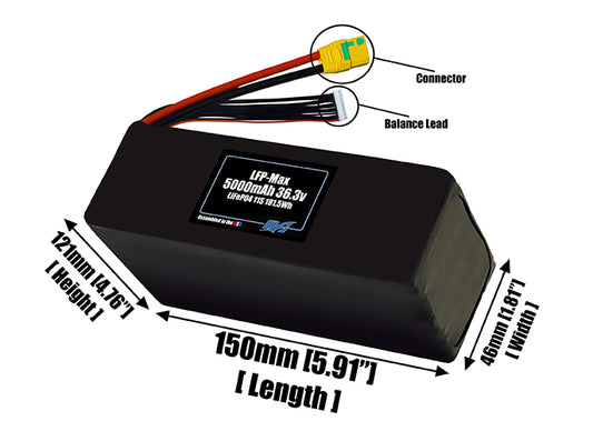 Size reference photo of the 5000mAh 36.3V LFP-Max LiFePO4 pack showing 150 mm by 46 mm by 121 mm dimensions ideal for drones or large robotic systems where space matters.