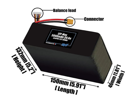 Size reference photo of the 5000mAh 39.6V LFP-Max LiFePO4 pack showing 150 mm by 46 mm by 132 mm dimensions ideal for drones or large robotic systems where space matters.