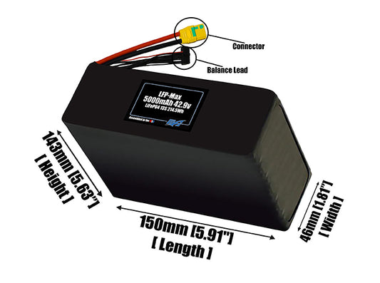 Size reference photo of the 5000mAh 42.9V LFP-Max LiFePO4 pack showing 150 mm by 46 mm by 143 mm dimensions ideal for drones or large robotic systems where space matters.