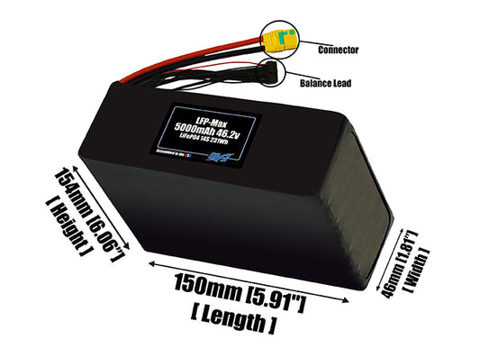 Size reference photo of the 5000mAh 46.2V LFP-Max LiFePO4 pack showing 150 mm by 46 mm by 154 mm dimensions ideal for drones or large robotic systems where space matters.
