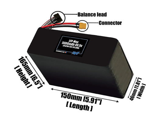Size reference photo of the 5000mAh 49.5V LFP-Max LiFePO4 pack showing 150 mm by 46 mm by 165 mm dimensions ideal for drones or large robotic systems where space matters.