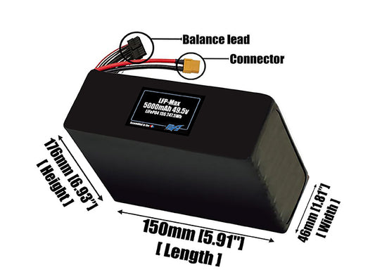 Size reference photo of the 5000mAh 52.8V LFP-Max LiFePO4 pack showing 150 mm by 46 mm by 176 mm dimensions ideal for drones or large robotic systems where space matters.