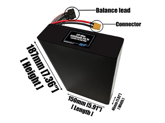 Size reference photo of the 5000mAh 56.1V LFP-Max LiFePO4 pack showing 150 mm by 46 mm by 187mm dimensions ideal for drones or large robotic systems where space matters.