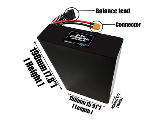 Size reference photo of the 5000mAh 59.4V LFP-Max LiFePO4 pack showing 150 mm by 46 mm by 198 mm dimensions ideal for drones or large robotic systems where space matters.