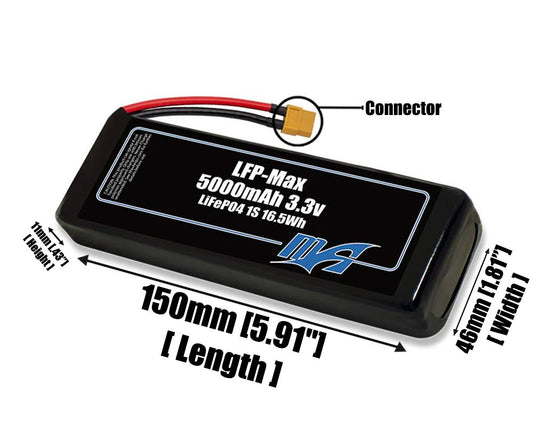 Size reference photo of the 5000mAh 3.3V LFP-Max LiFePO4 pack showing 150 mm by 46 mm by 11 mm dimensions ideal for drones or large robotic systems where space matters.