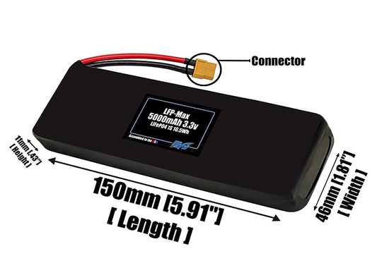 Size reference photo of the 5000mAh 3.3V LFP-Max LiFePO4 pack showing 150 mm by 46 mm by 11 mm dimensions ideal for drones or large robotic systems where space matters.